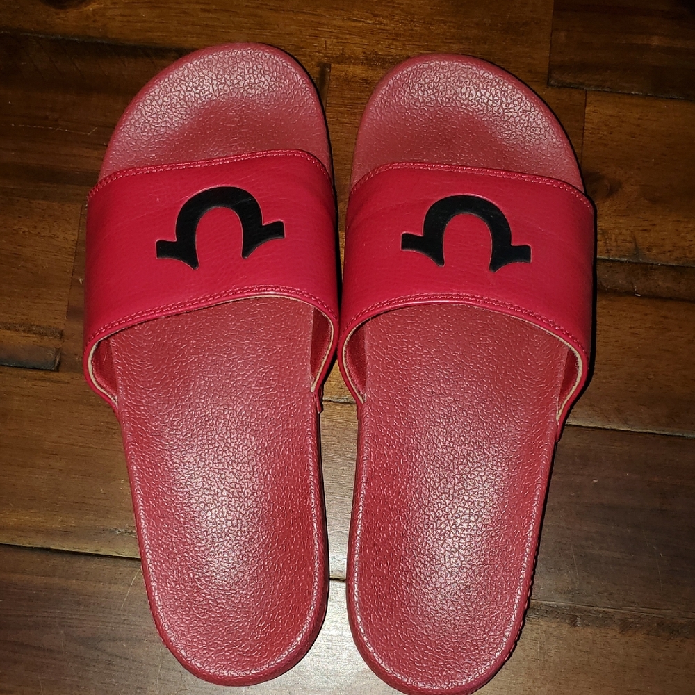 True Religion Red Slide Sandals with Black Logo